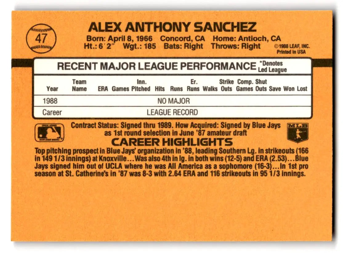 1989 Donruss #47a Alex Sanchez - Baseball Card Single