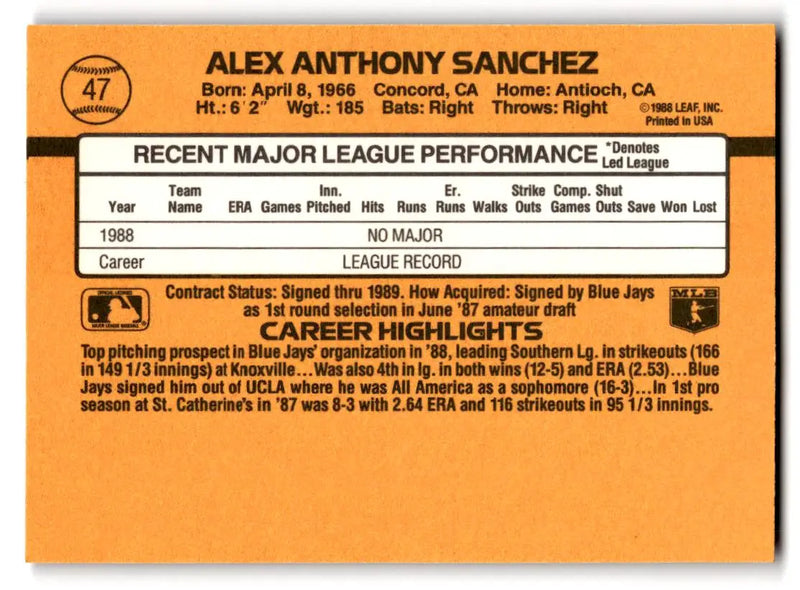 1989 Donruss #47a Alex Sanchez - Baseball Card Single
