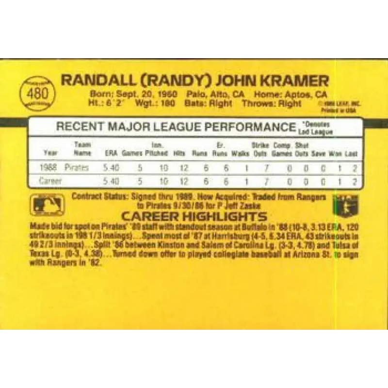 1989 Donruss #480 Randy Kramer NM-MT Pittsburgh Pirates Baseball Card - Baseball Card Single