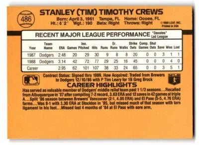 Back of 1989 Donruss #486b Tim Crews baseball trading card featuring player Tim Crews
