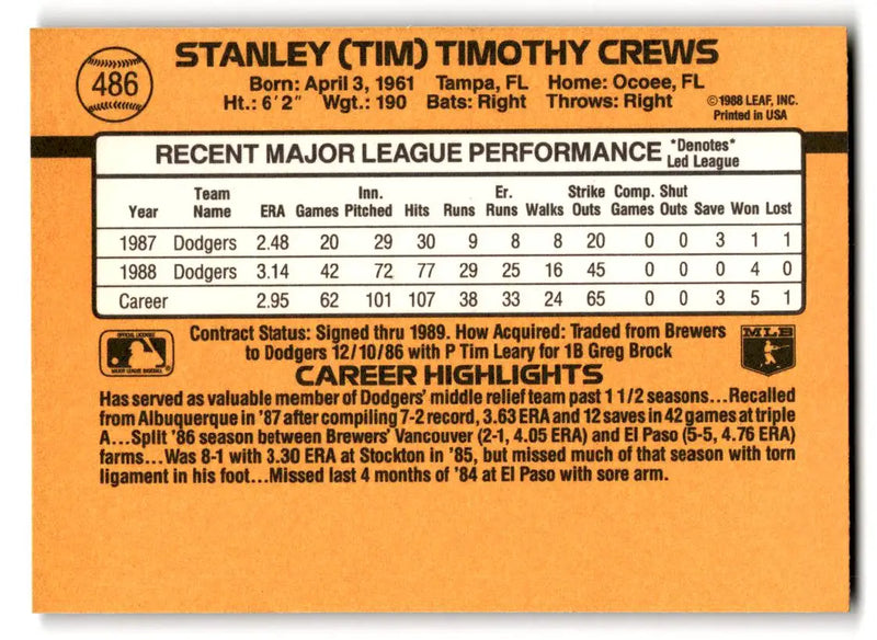 1989 Donruss #486b Tim Crews - Baseball Card Single