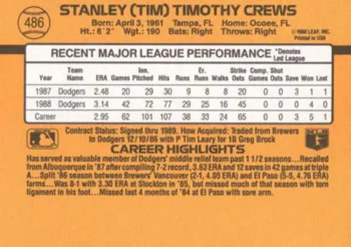 1989 Donruss #486b Tim Crews NM Near Mint Dodgers ID:81465 - Baseball Card Single