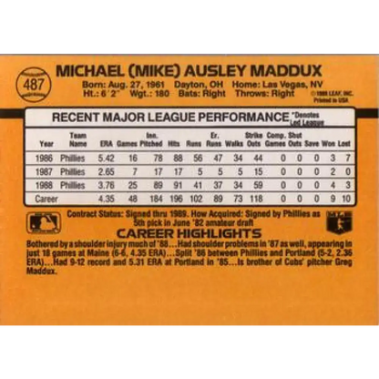 1989 Donruss #487 Mike Maddux NM-MT Philadelphia Phillies Baseball Card