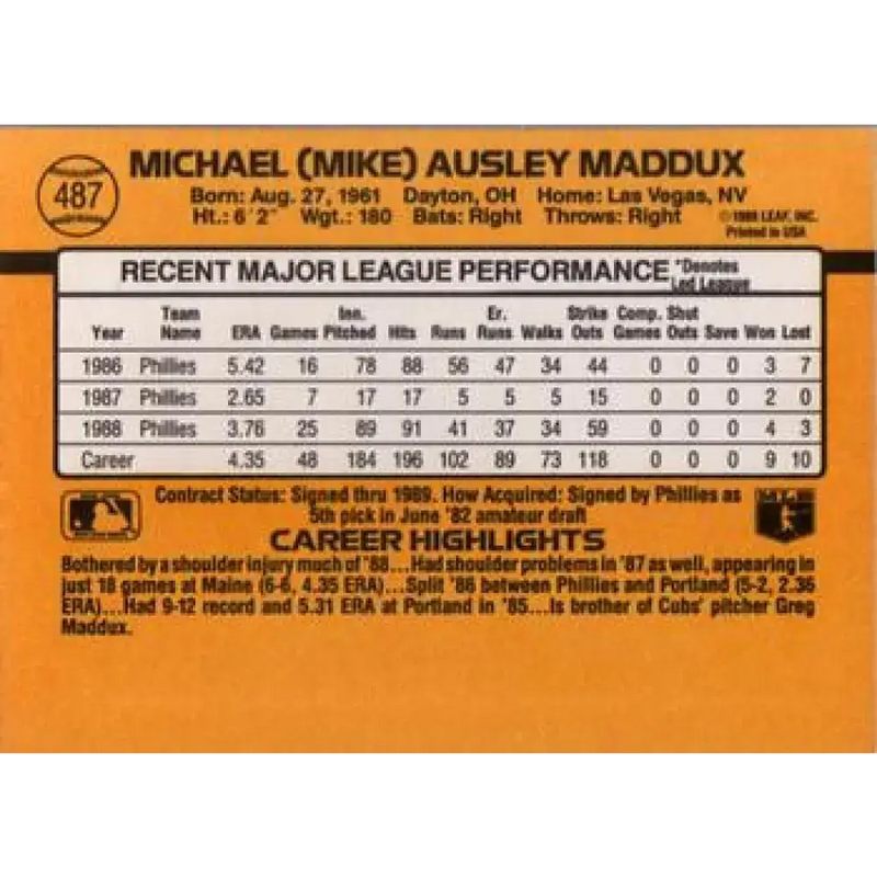 1989 Donruss #487 Mike Maddux NM-MT Philadelphia Phillies Baseball Card - Baseball Card Single