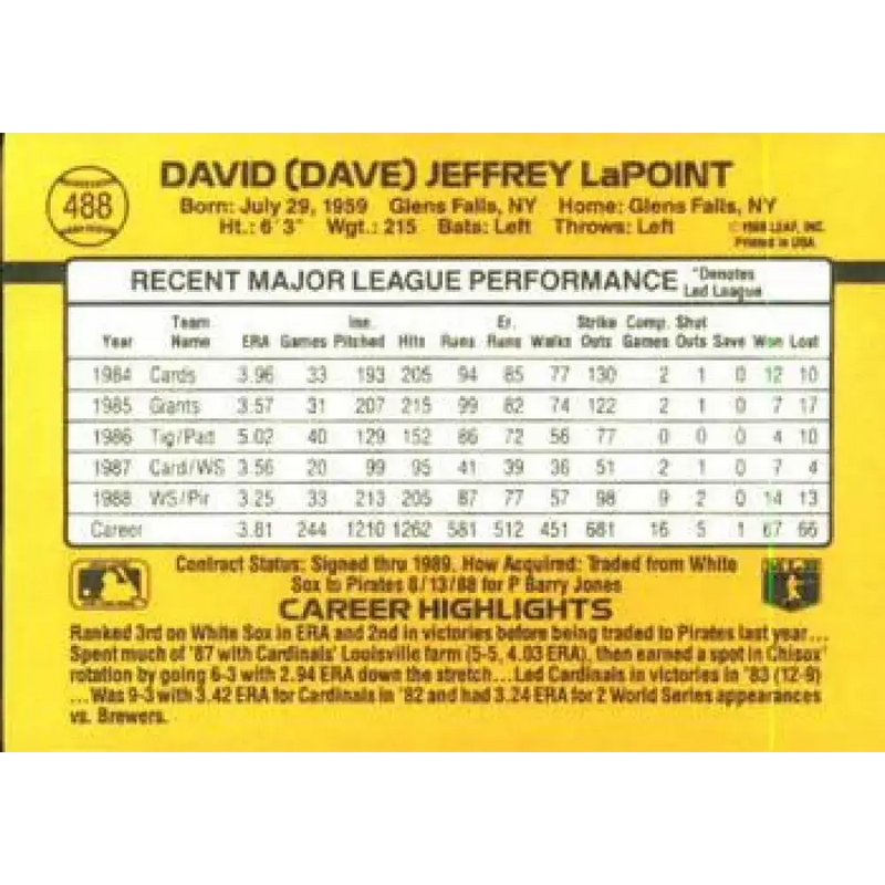 1989 Donruss #488 Dave LaPoint NM-MT Pittsburgh Pirates Baseball Card - Baseball Card Single