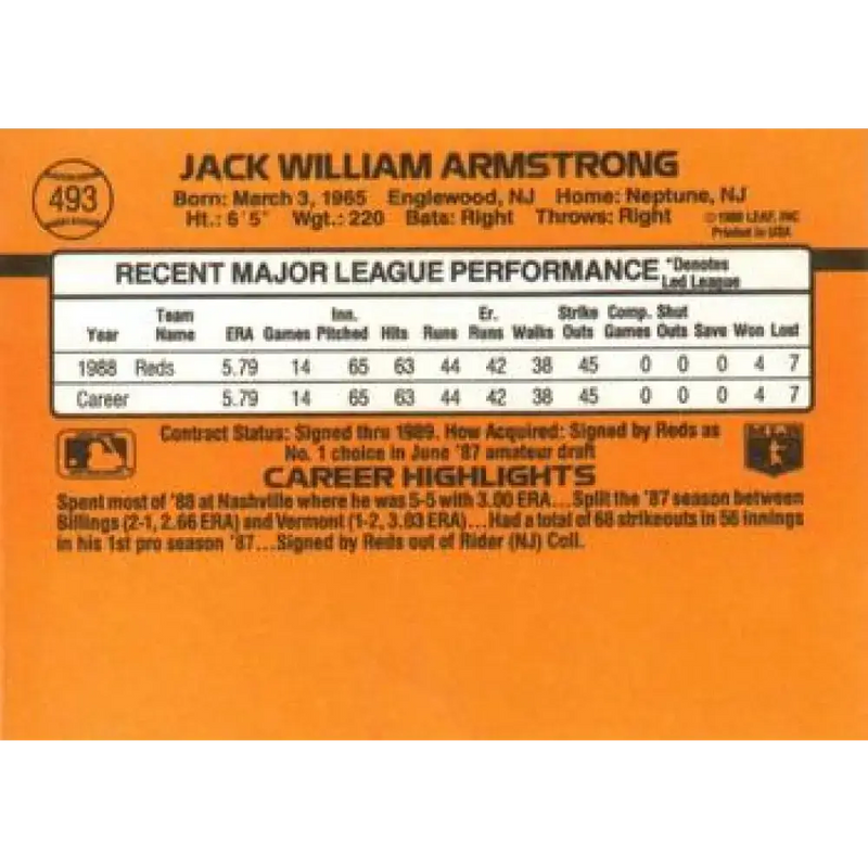 1989 Donruss #493 Jack Armstrong NM-MT RC Rookie Cincinnati Reds Baseball Card - Baseball Card Single