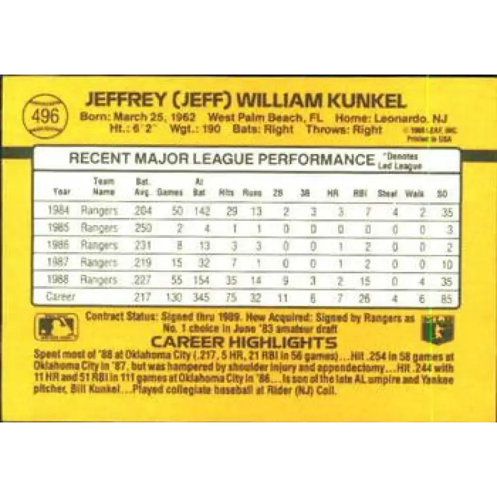 1989 Donruss #496 Jeff Kunkel NM-MT Texas Rangers Baseball Card - Baseball Card Single