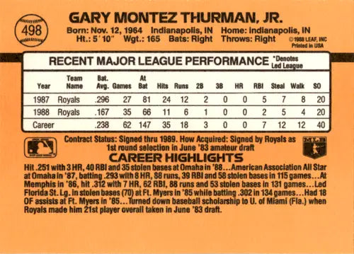 1989 Donruss #498 Gary Thurman NM Near Mint Royals ID:45979 - Baseball Card Single
