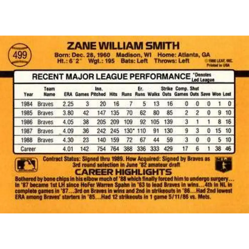 1989 Donruss #499 Zane Smith NM-MT Atlanta Braves Baseball Card - Baseball Card Single