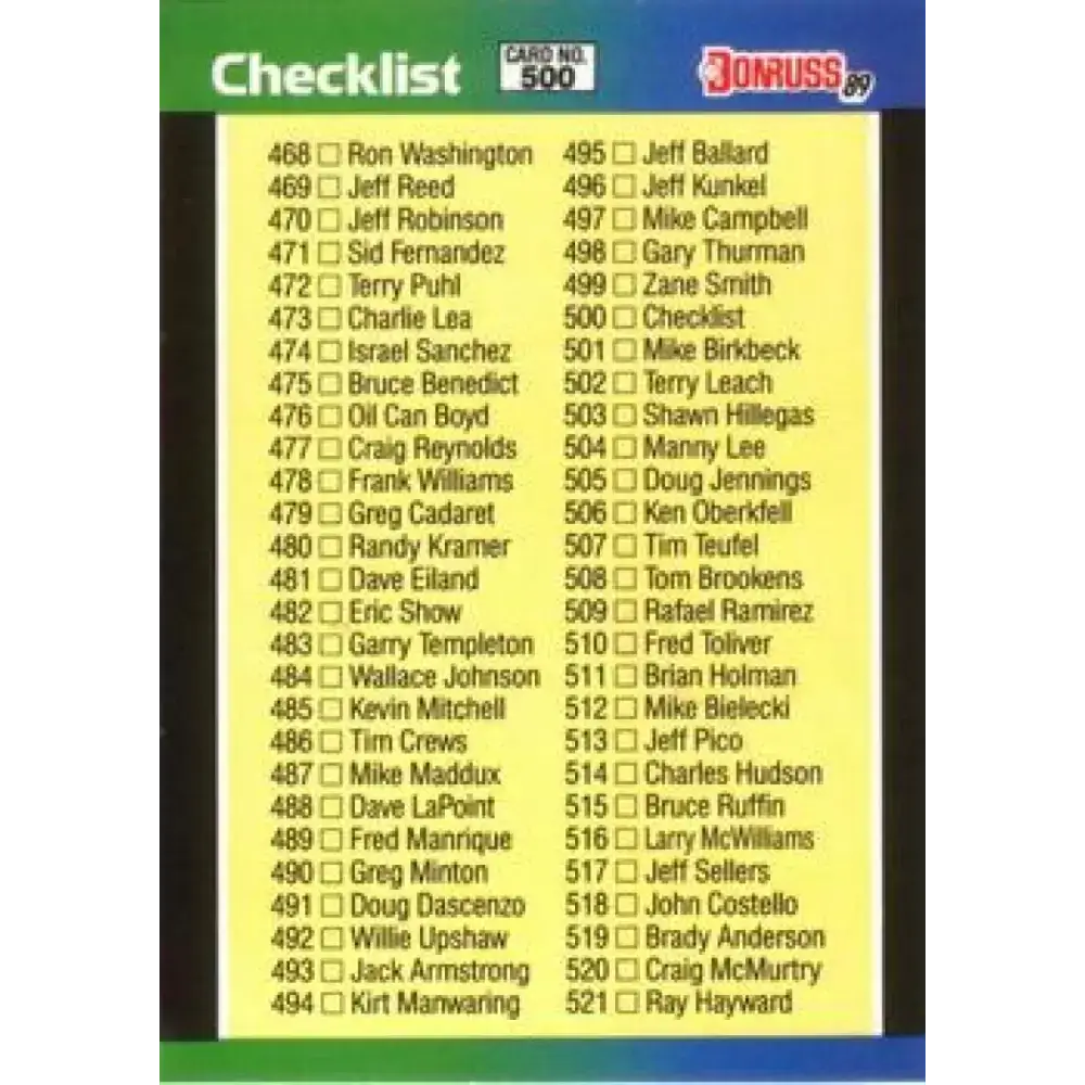 1989 Donruss #500 Checklist 468-577 DP NM-MT Checklist Baseball Card