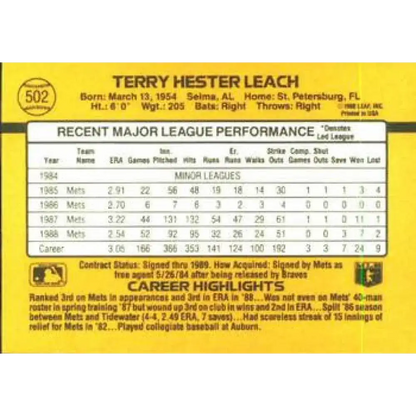 1989 Donruss #502 Terry Leach NM-MT New York Mets Baseball Card