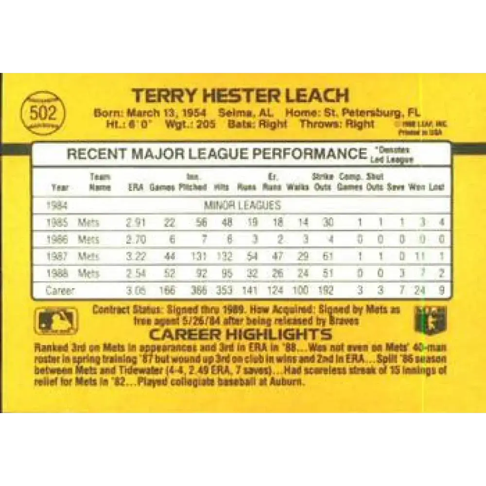 1989 Donruss #502 Terry Leach NM-MT New York Mets Baseball Card - Baseball Card Single