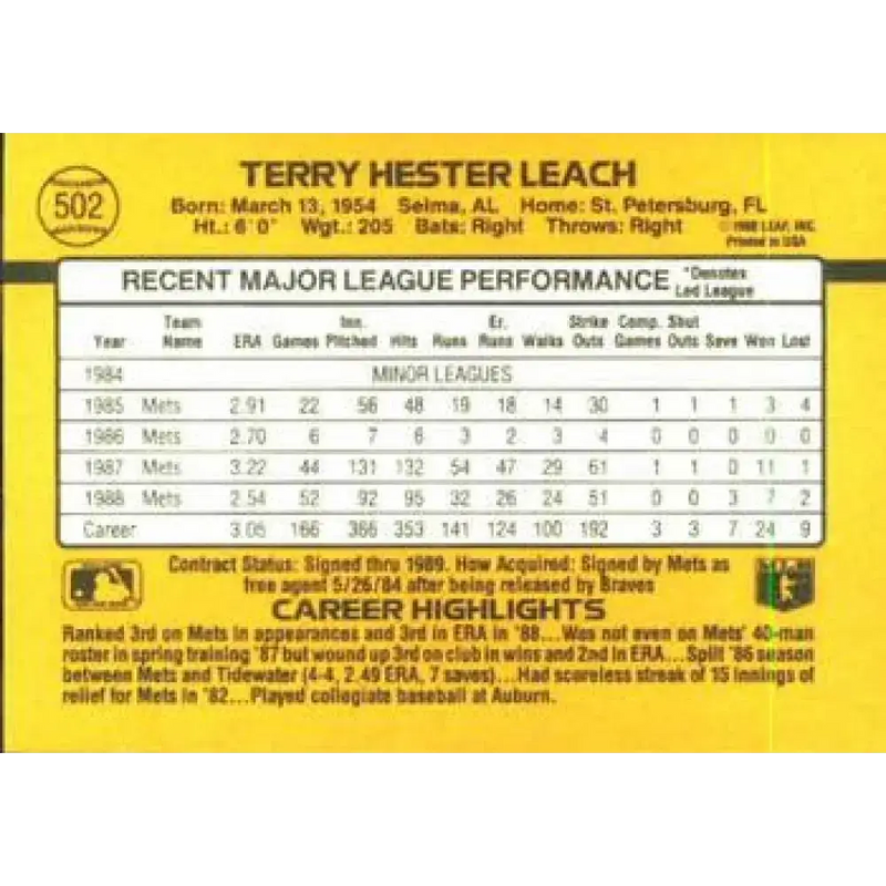 1989 Donruss #502 Terry Leach NM-MT New York Mets Baseball Card - Baseball Card Single