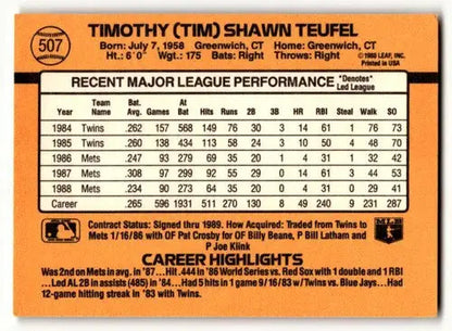 Vintage Mets baseball card featuring Tim Teufel with original gloss and career highlights
