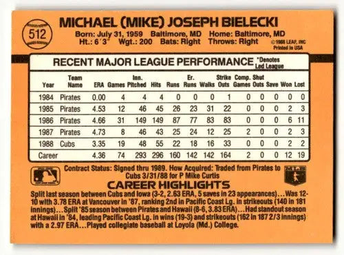 Original gloss baseball card featuring Mike Bielecki Chicago Cubs stats and highlights