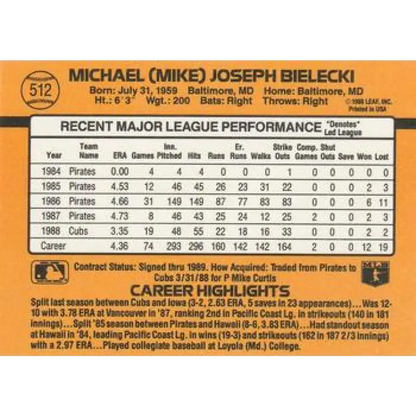 1989 Donruss #512 Mike Bielecki NM-MT Chicago Cubs Baseball Card