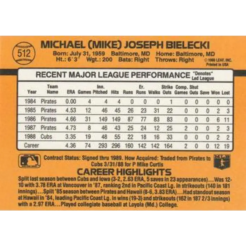 1989 Donruss #512 Mike Bielecki NM-MT Chicago Cubs Baseball Card - Baseball Card Single