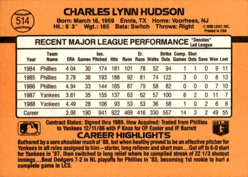 1989 Donruss #514 Charles Hudson NM-MT Yankees ID:45978 - Baseball Card Single