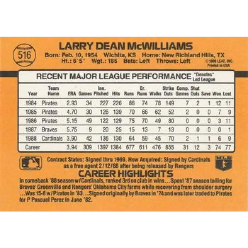 1989 Donruss #516 Larry McWilliams UER NM-MT St. Louis Cardinals Baseball Card - Baseball Card Single