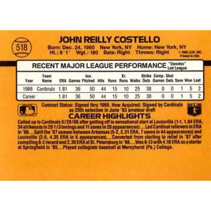 1989 Donruss #518 John Costello NM-MT St. Louis Cardinals Baseball Card