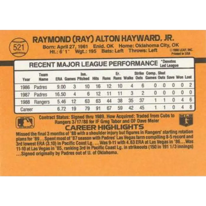 1989 Donruss #521 Ray Hayward DP NM-MT Texas Rangers Baseball Card - Baseball Card Single