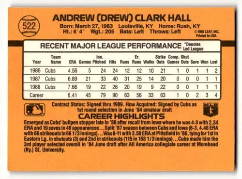 Drew Hall Chicago Cubs baseball card back from 1989 Donruss #522 auctioned item