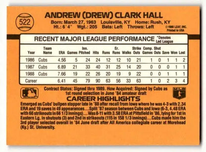 Drew Hall Chicago Cubs baseball card back from 1989 Donruss #522 auctioned item