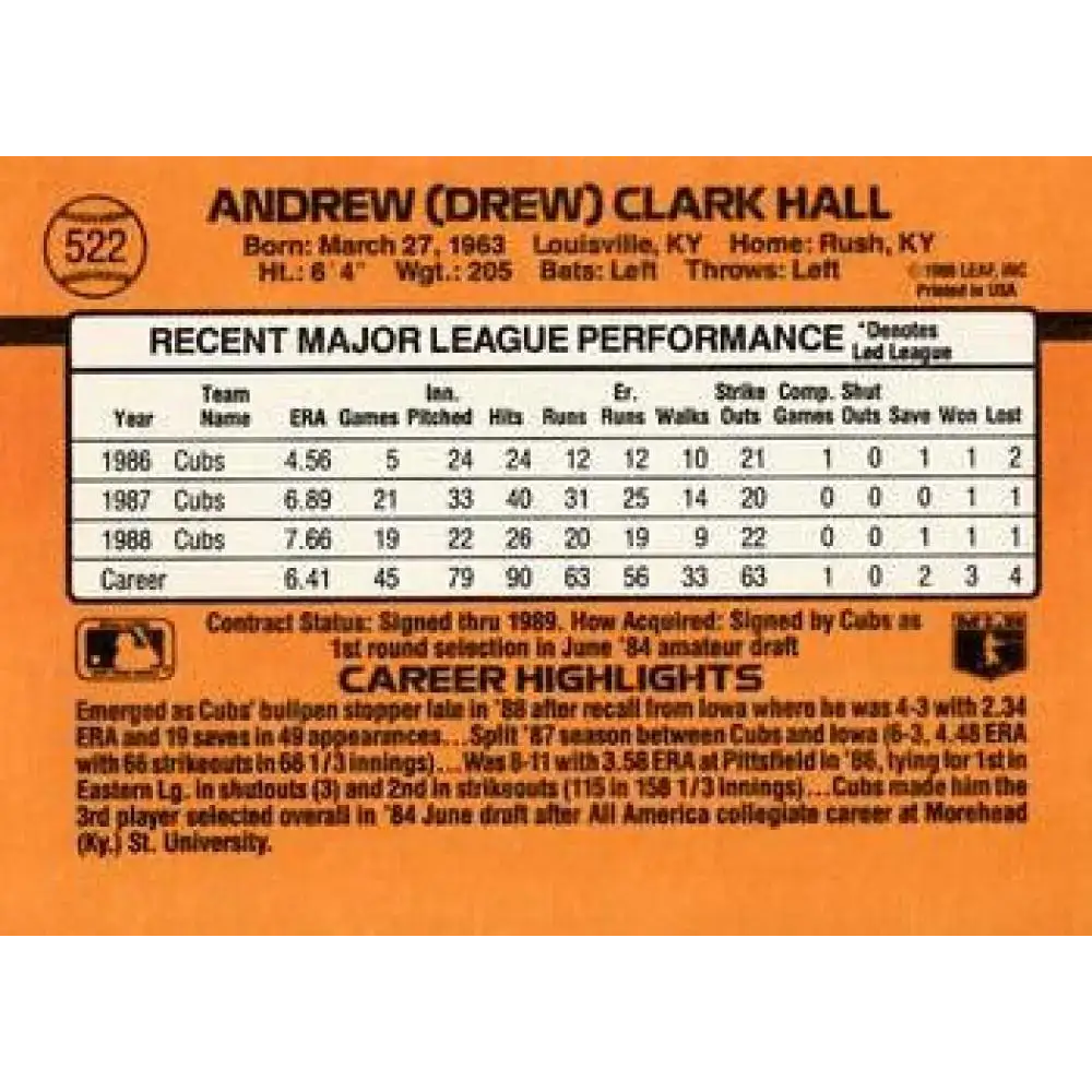 1989 Donruss #522 Drew Hall DP NM-MT Chicago Cubs Baseball Card - Baseball Card Single