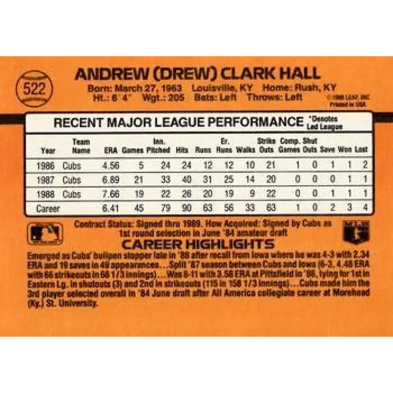 1989 Donruss #522 Drew Hall DP NM-MT Chicago Cubs Baseball Card - Baseball Card Single