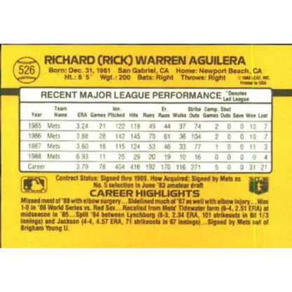 1989 Donruss #526 Rick Aguilera DP NM-MT New York Mets Baseball Card