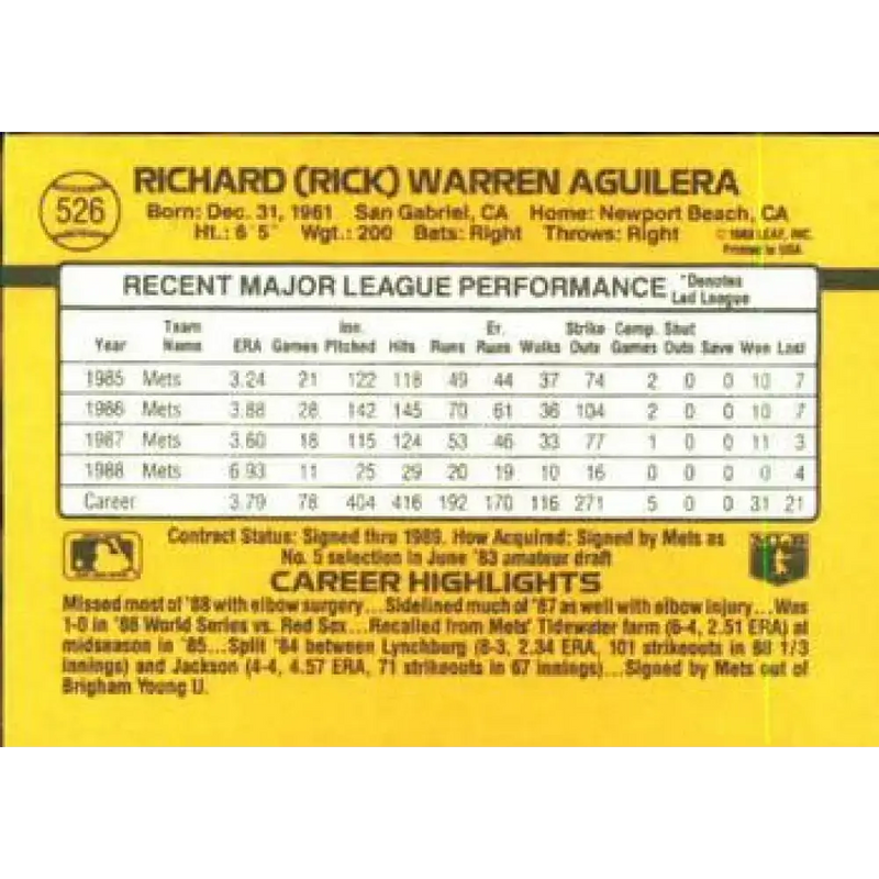 1989 Donruss #526 Rick Aguilera DP NM-MT New York Mets Baseball Card - Baseball Card Single