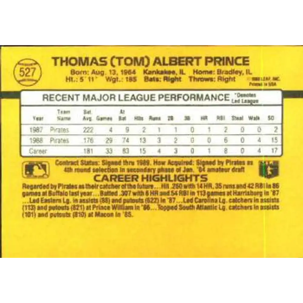 1989 Donruss #527 Tom Prince DP NM-MT Pittsburgh Pirates Baseball Card - Baseball Card Single