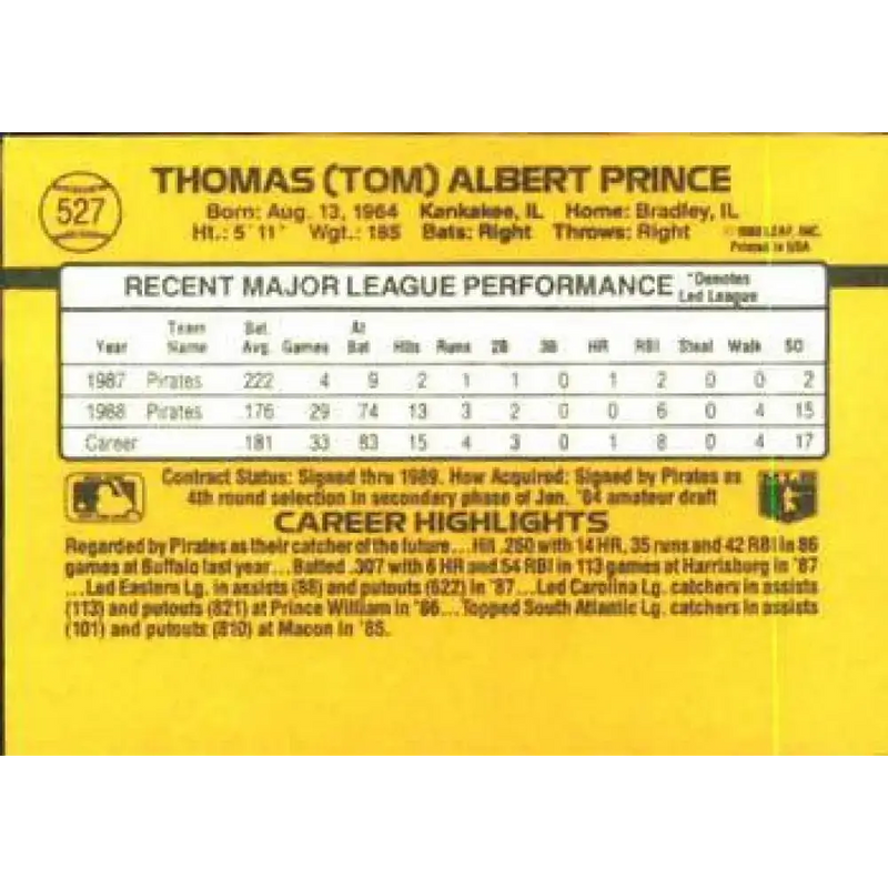 1989 Donruss #527 Tom Prince DP NM-MT Pittsburgh Pirates Baseball Card - Baseball Card Single