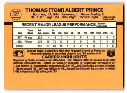 1989 Donruss #527 Tom Prince Pittsburgh Pirates Baseball Cards EX/NM ID:58491