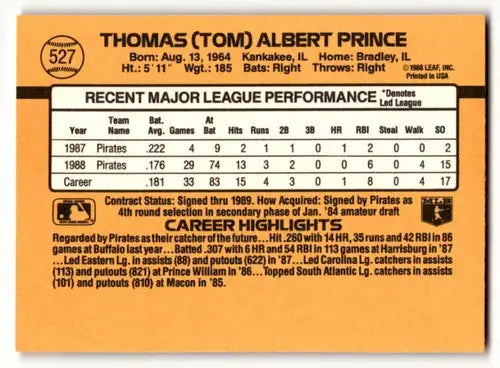 1989 Donruss #527 Tom Prince Pittsburgh Pirates Baseball Cards EX/NM ID:58491 - Baseball Card Single