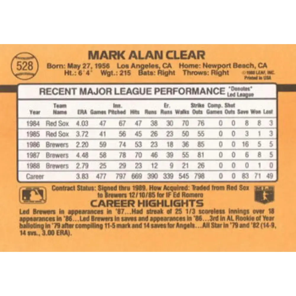 1989 Donruss #528 Mark Clear DP NM-MT Milwaukee Brewers Baseball Card - Baseball Card Single