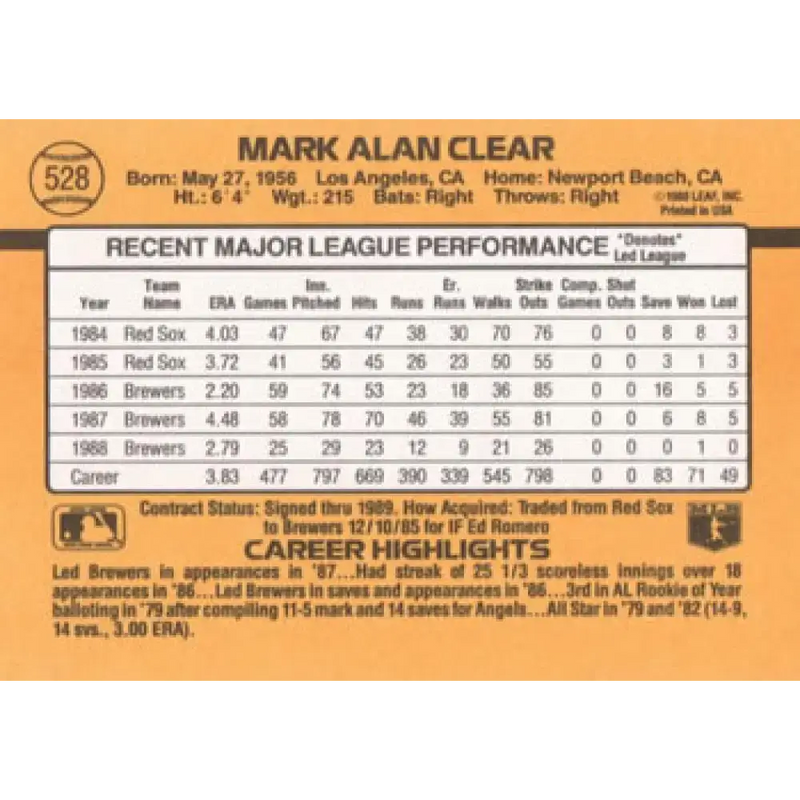 1989 Donruss #528 Mark Clear DP NM-MT Milwaukee Brewers Baseball Card - Baseball Card Single