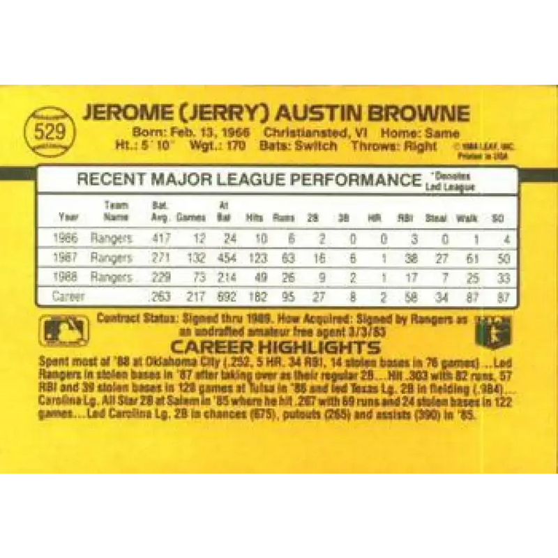 1989 Donruss #529 Jerry Browne DP NM-MT Texas Rangers Baseball Card - Baseball Card Single