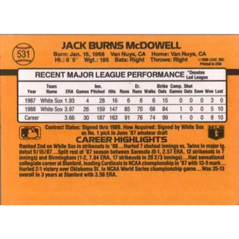 1989 Donruss #531 Jack McDowell DP NM-MT Chicago White Sox Baseball Card - Baseball Card Single