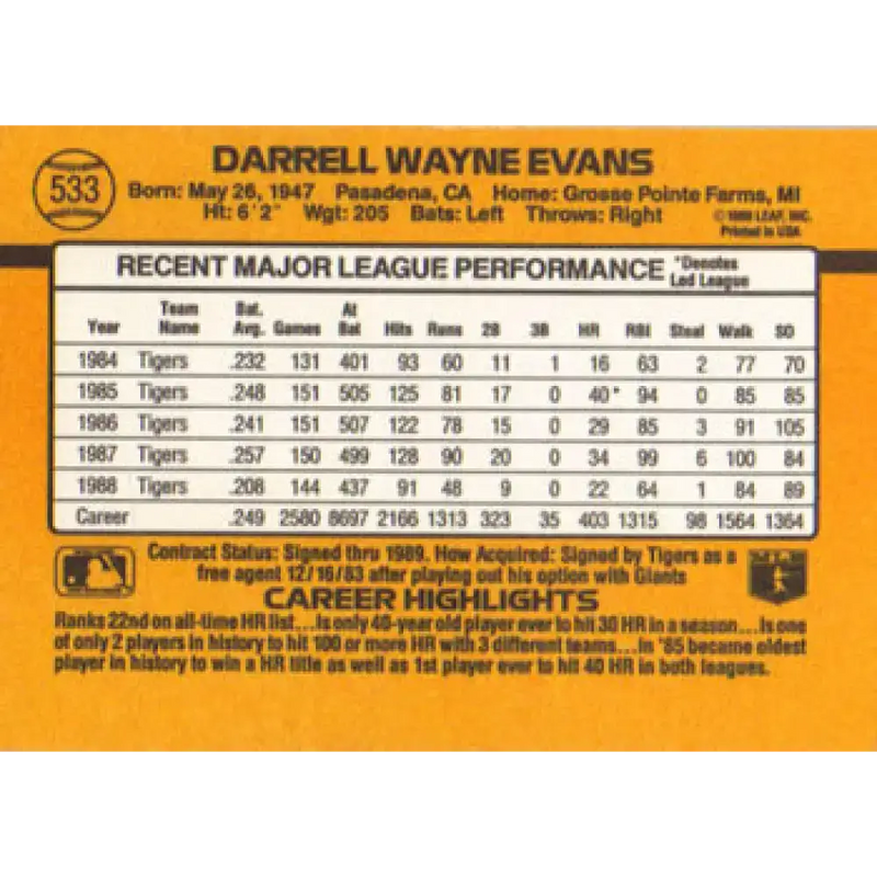 1989 Donruss #533 Darrell Evans DP NM-MT Detroit Tigers Baseball Card - Baseball Card Single