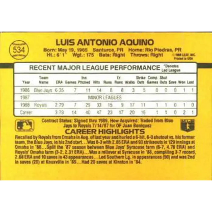 1989 Donruss #534 Luis Aquino DP NM-MT Kansas City Royals Baseball Card