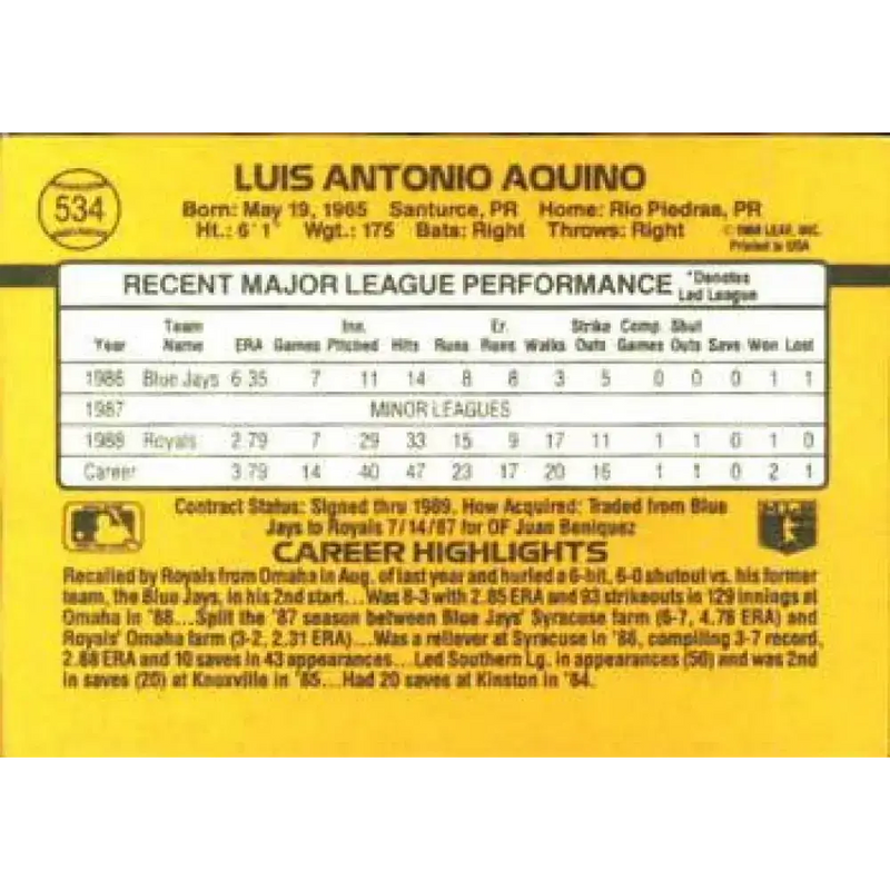 1989 Donruss #534 Luis Aquino DP NM-MT Kansas City Royals Baseball Card - Baseball Card Single