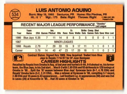 Original gloss baseball card of Luis Aquino Kansas City Royals 1989 Donruss #534
