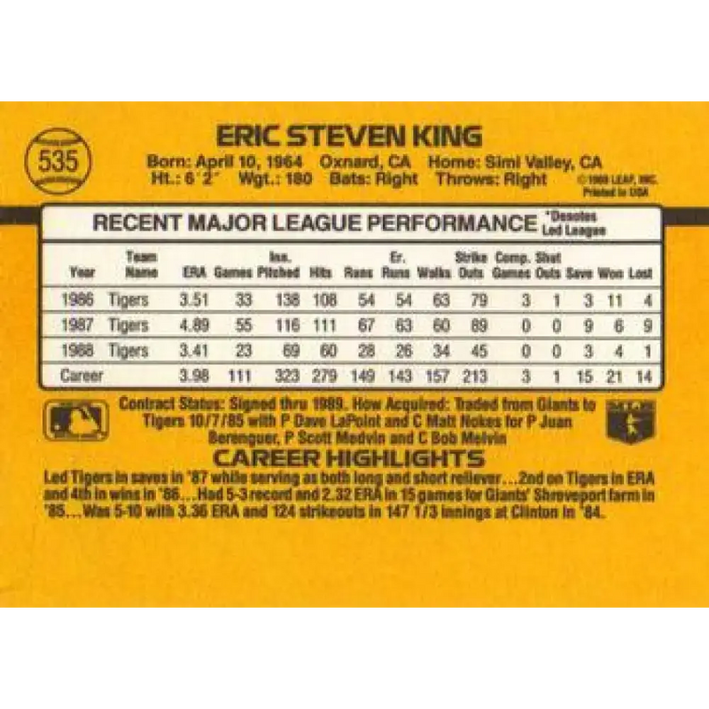 1989 Donruss #535 Eric King DP NM-MT Detroit Tigers Baseball Card - Baseball Card Single