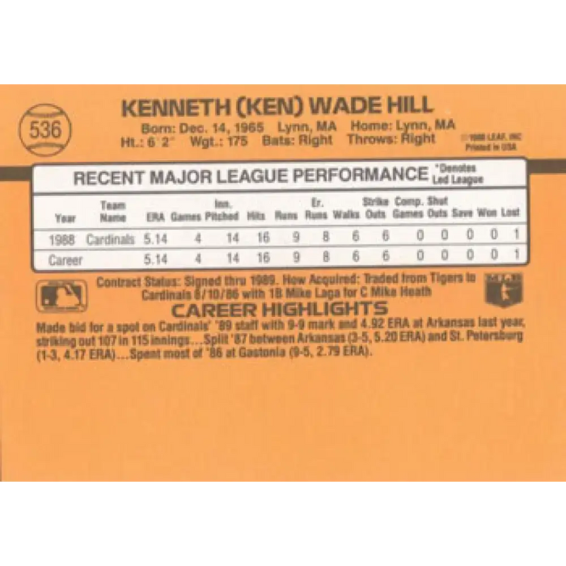 1989 Donruss #536 Ken Hill DP NM-MT RC Rookie St. Louis Cardinals Baseball Card - Baseball Card Single