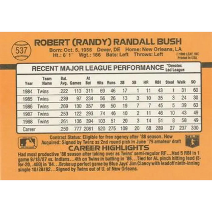 1989 Donruss #537 Randy Bush DP NM-MT Minnesota Twins Baseball Card