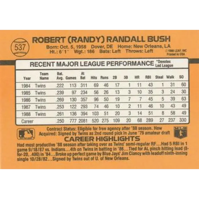 1989 Donruss #537 Randy Bush DP NM-MT Minnesota Twins Baseball Card - Baseball Card Single