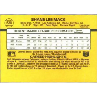 1989 Donruss #538 Shane Mack DP NM-MT San Diego Padres Baseball Card