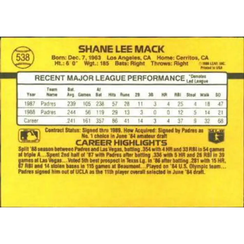 1989 Donruss #538 Shane Mack DP NM-MT San Diego Padres Baseball Card - Baseball Card Single