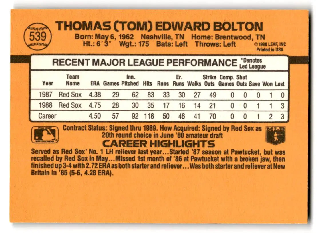 1989 Donruss #539 Tom Bolton - Baseball Card Single